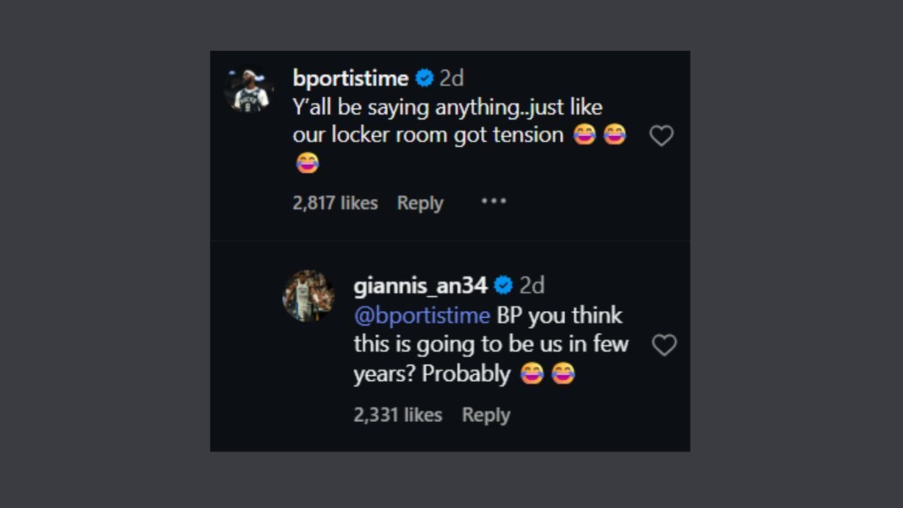 Giannis Antetokounmpo a Bobby Portis reagujú na Kendricka Perkinsa. (Kredity: @roadtrippin/IG)