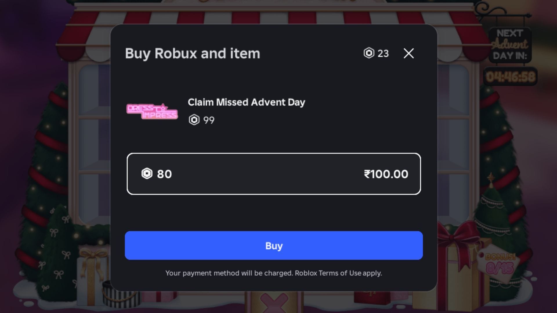 Use Robux to claim missed rewards (Image via Roblox)