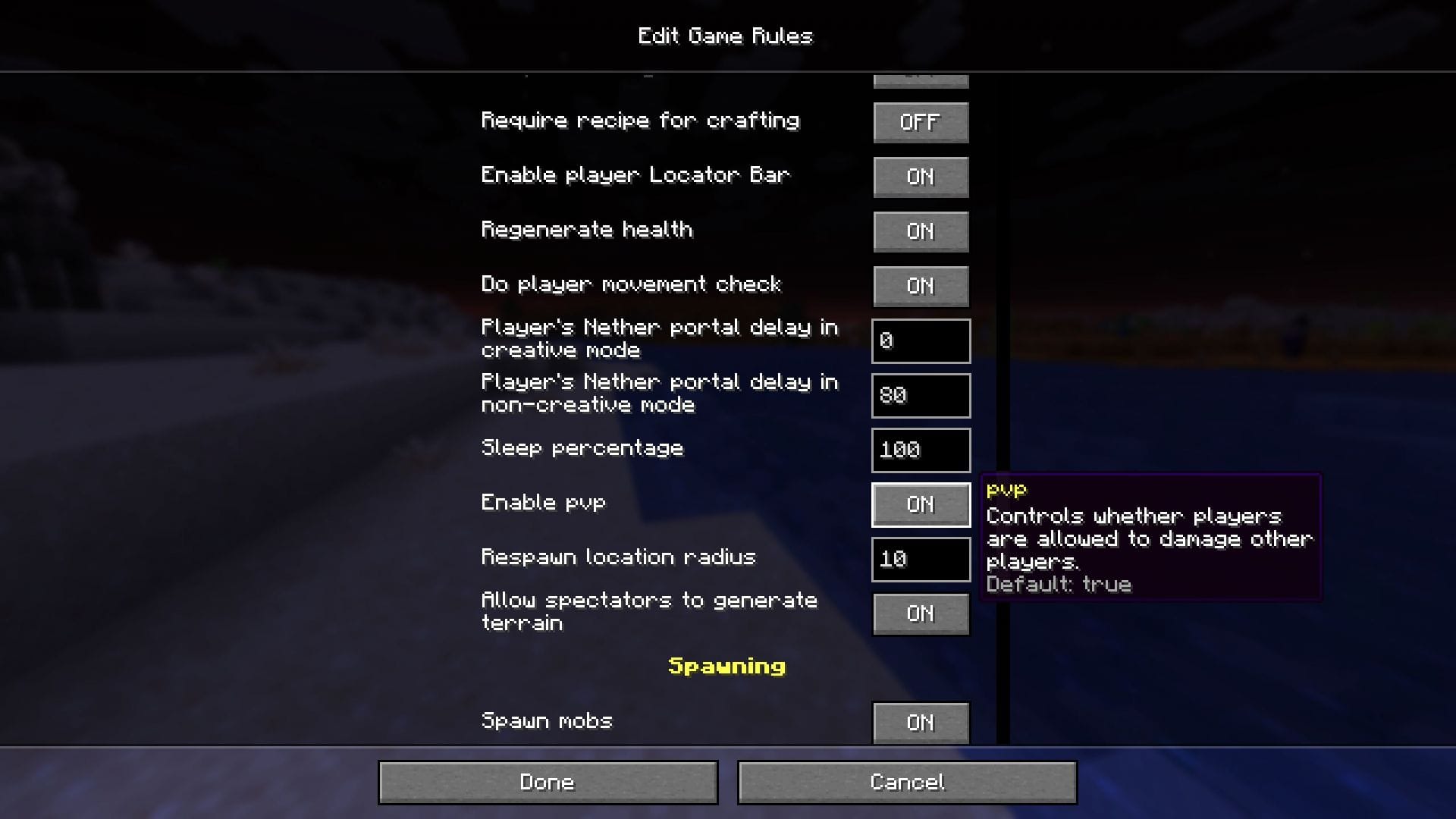 PvP gamerule je v podstatě nastavení pro zapínání a vypínání přátelské palby (Obrázek přes Sportskeeda Gaming || Mojang Studios)