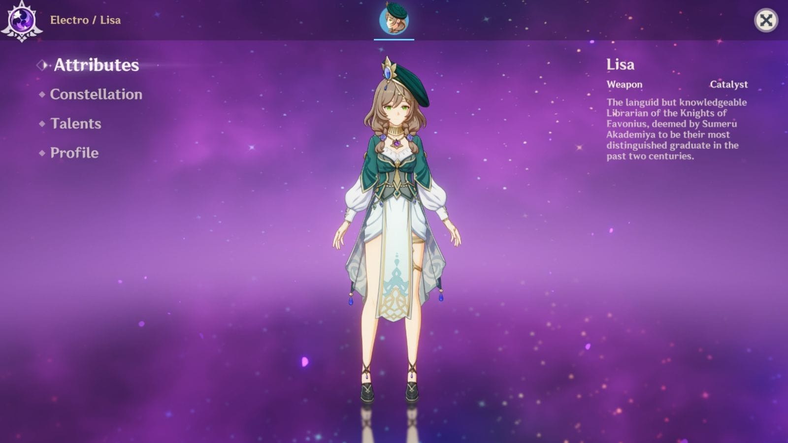 Screenshot of Lisa from Genshin Impact (Image via HoYoverse)