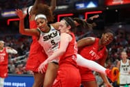 Angel Reese #5 of the Chicago Sky battles against Caitlin Clark #22 of the Indiana Fever at Gainbridge Fieldhouse on May 17, 2025 in Indianapolis, Indiana. (Photo by Gregory Shamus/Getty Images)