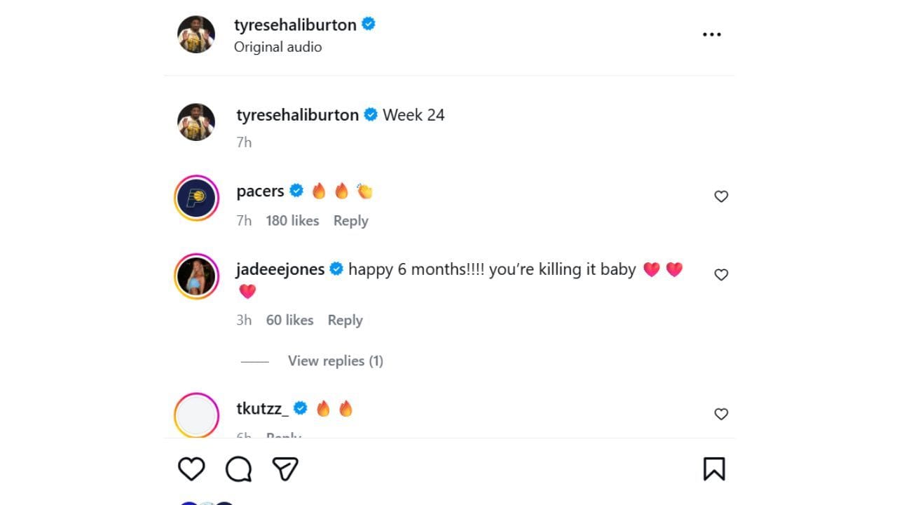 Jade Jones hypes up fiance Tyrese Haliburton's week 24 recovery. [photo: @tyresehaliburton/IG]