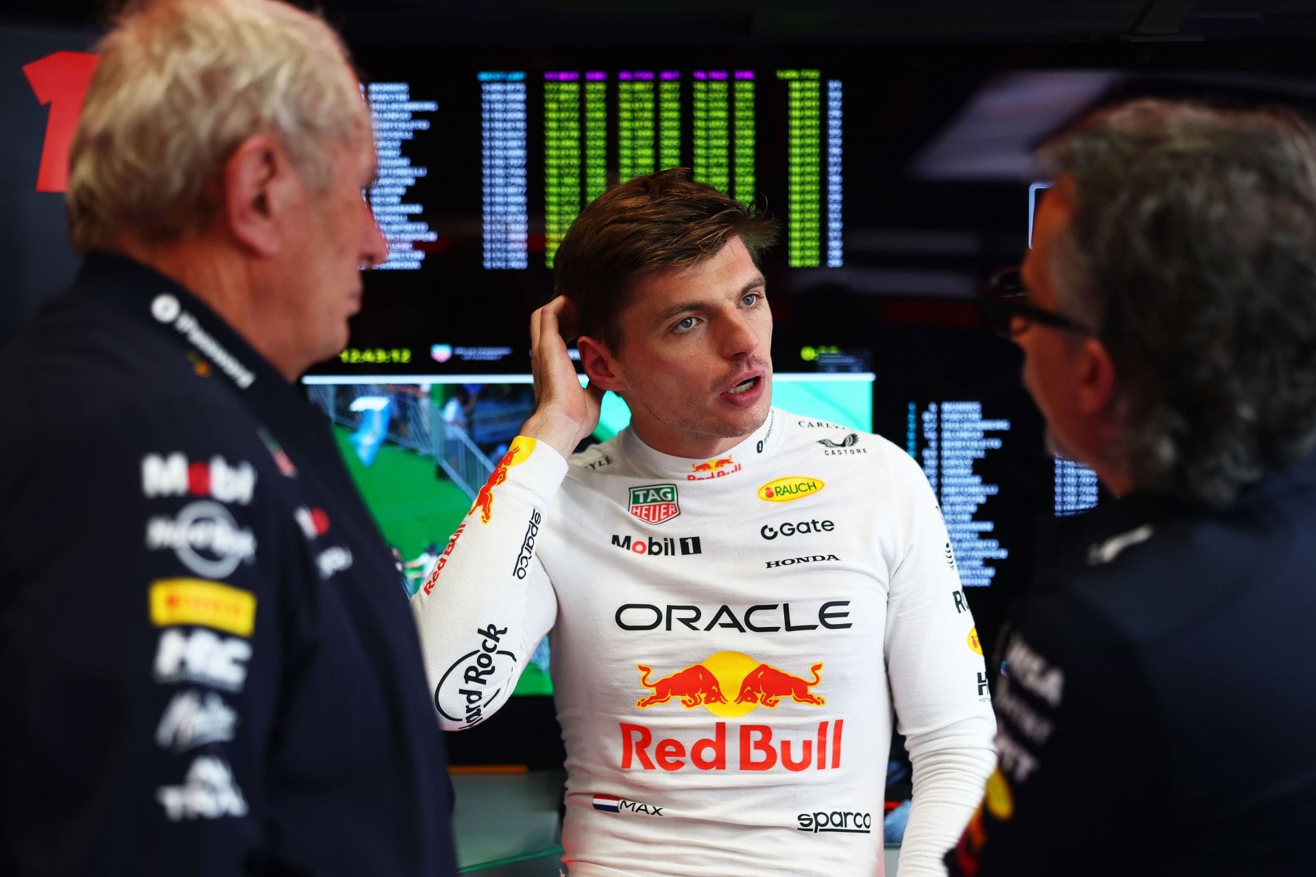 Helmut Marko, Laurent Mekies, and Max Verstappen at the Brazilian Grand Prix - Source: Getty