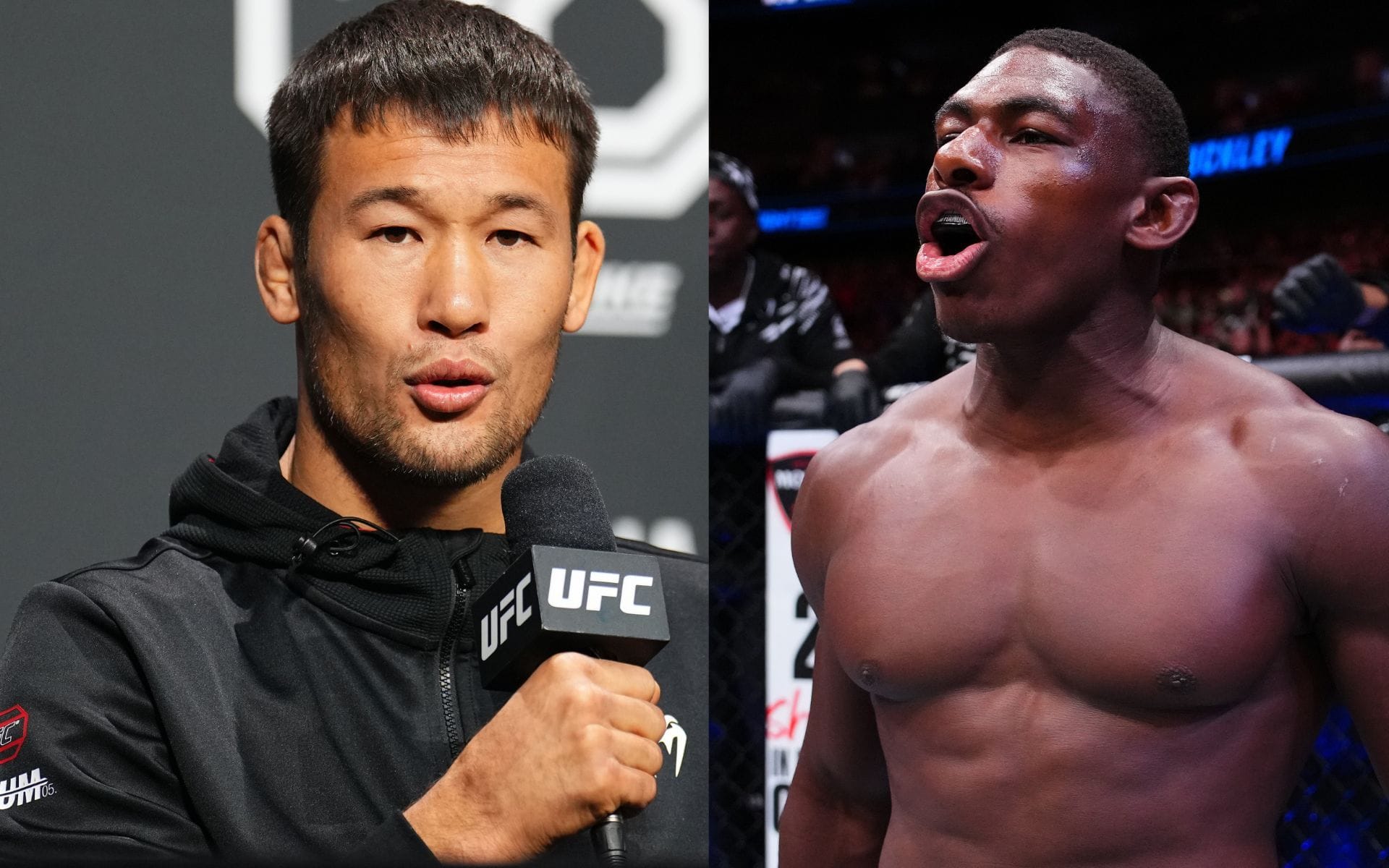 Shavkat Rakhmonov (left) fires back at Joaquin Buckley (right). [Images courtesy: Getty]