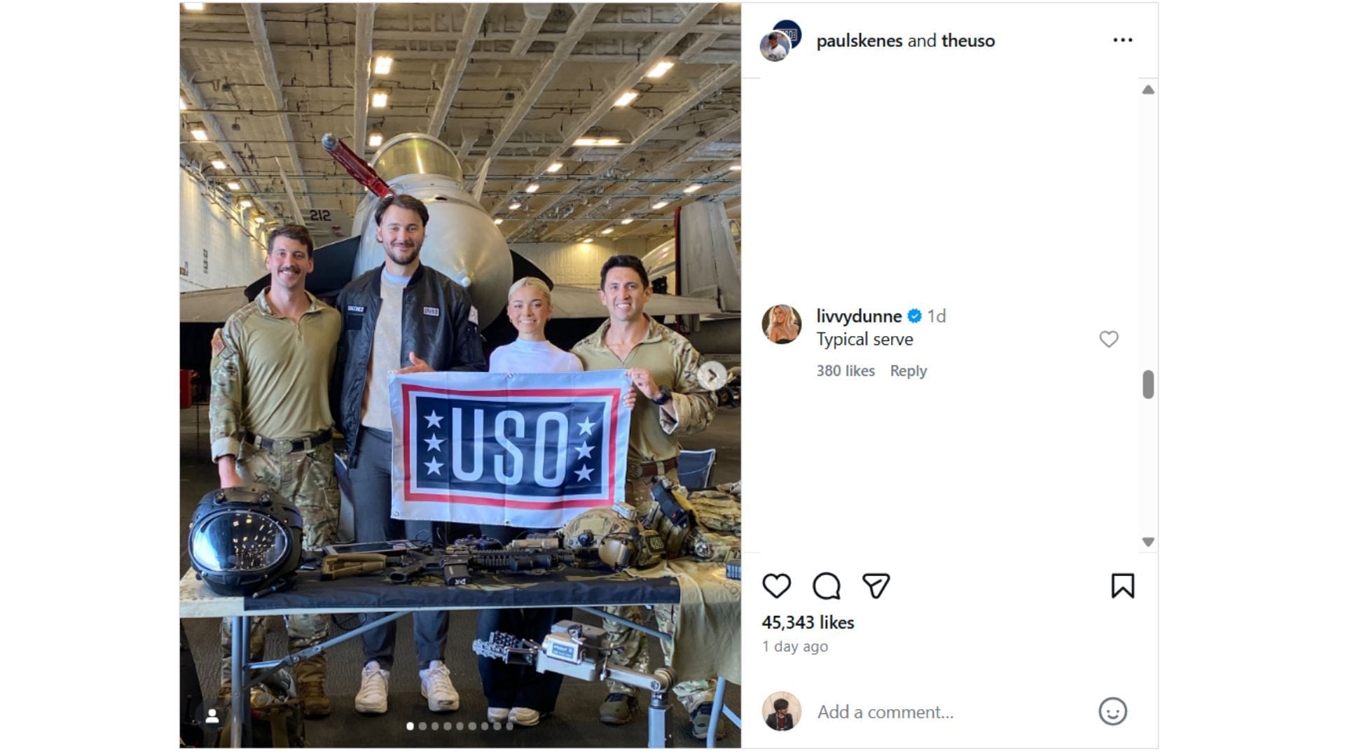 Olivia Dunne's comment on Paul Skenes's Instagram post (Source: Instagram @paulskenes)