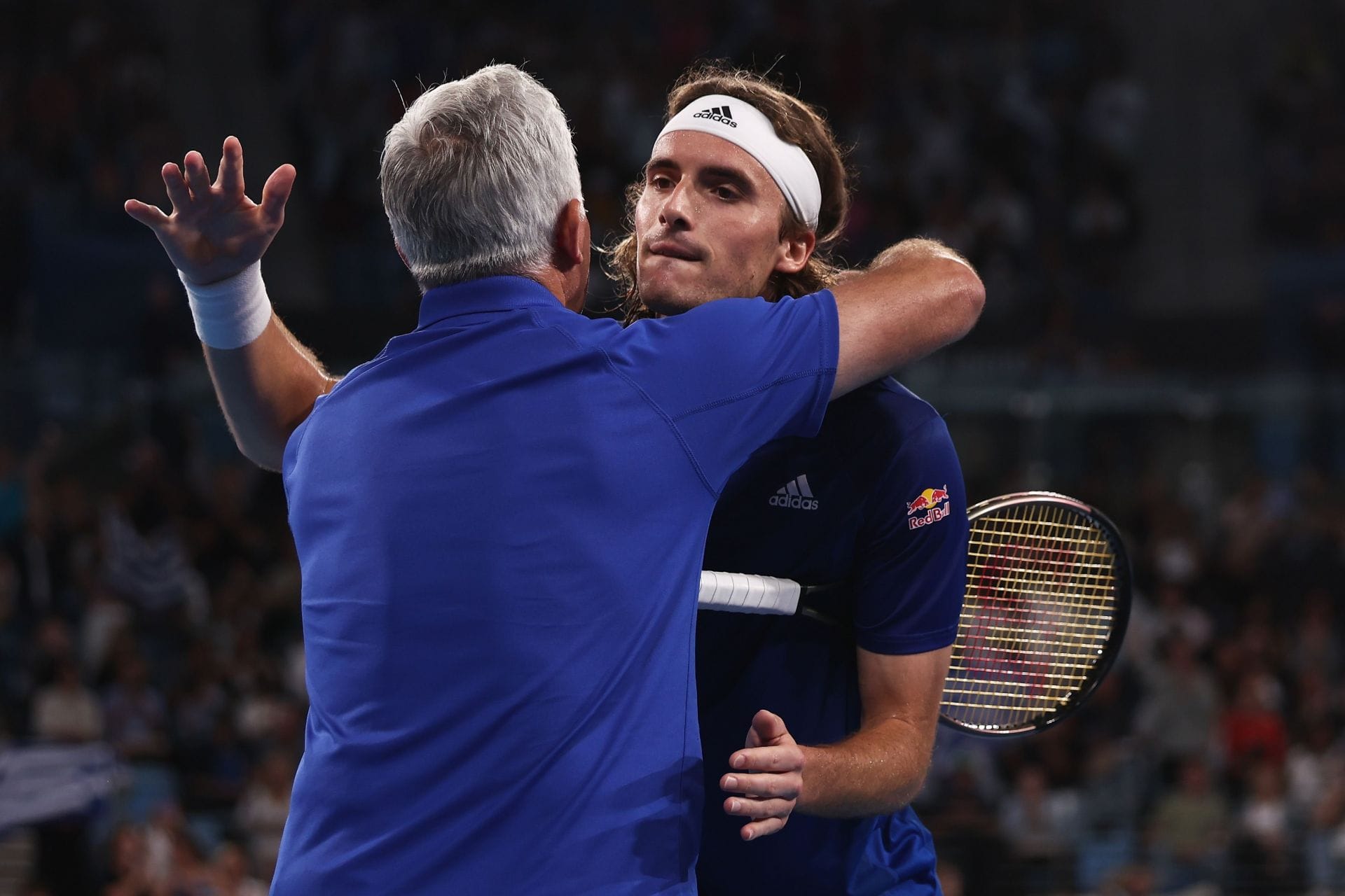 Stefanos Tsitsipas with his father at the 2023 United Cup. (Source: Getty)