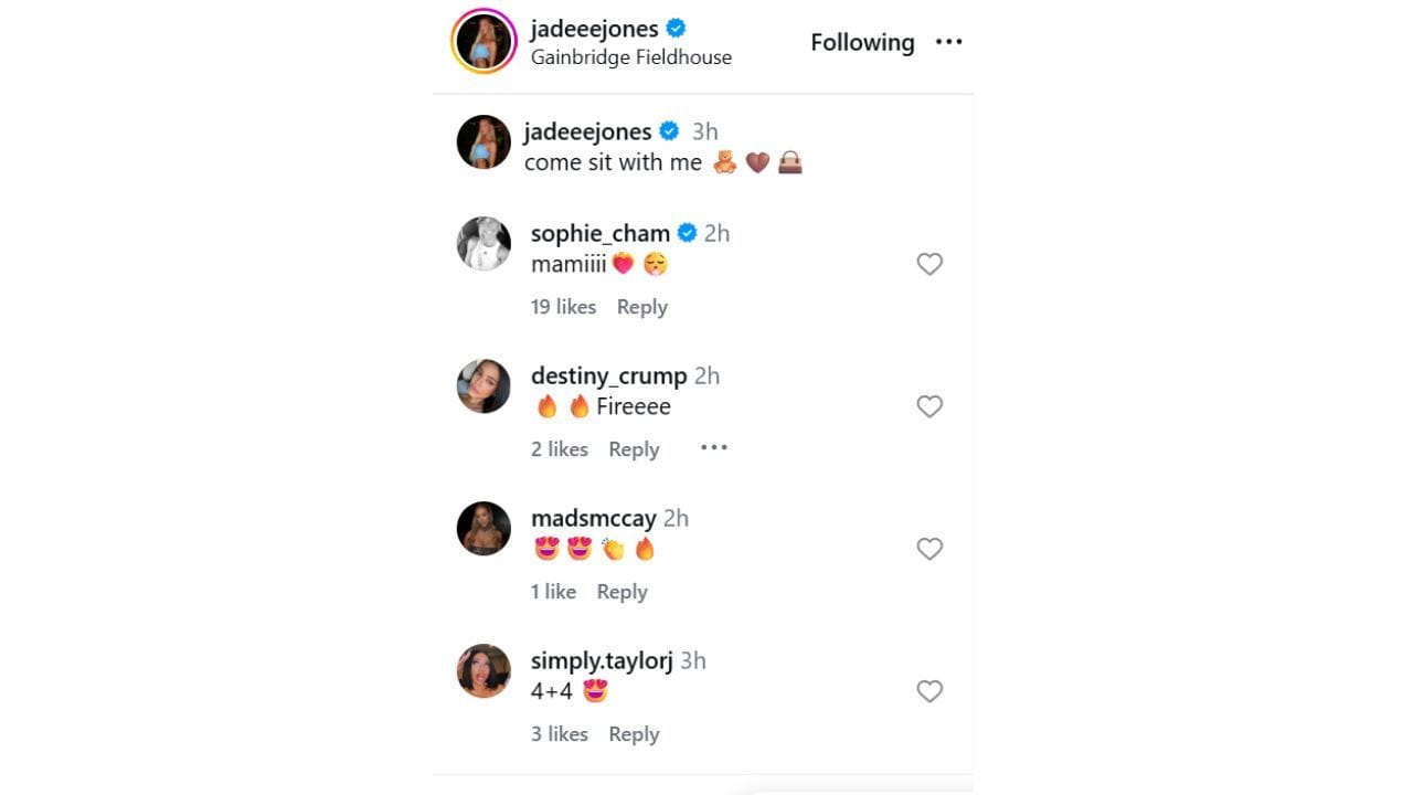 WNBA star Sophie Cunningham reacts to Jade Jones&#039; Instagram post on Monday. [photo: @jadeeejones/IG]