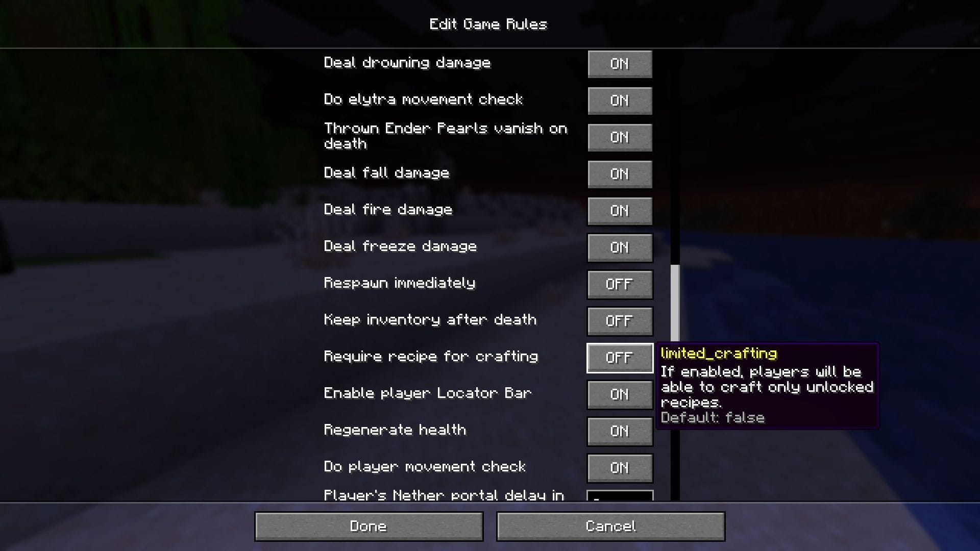 Ponechte toto konkrétní herní pravidlo zakázáno pro výrobu předmětů, i když jste neodemkli recept (Obrázek přes Sportskeeda Gaming || Mojang Studios)