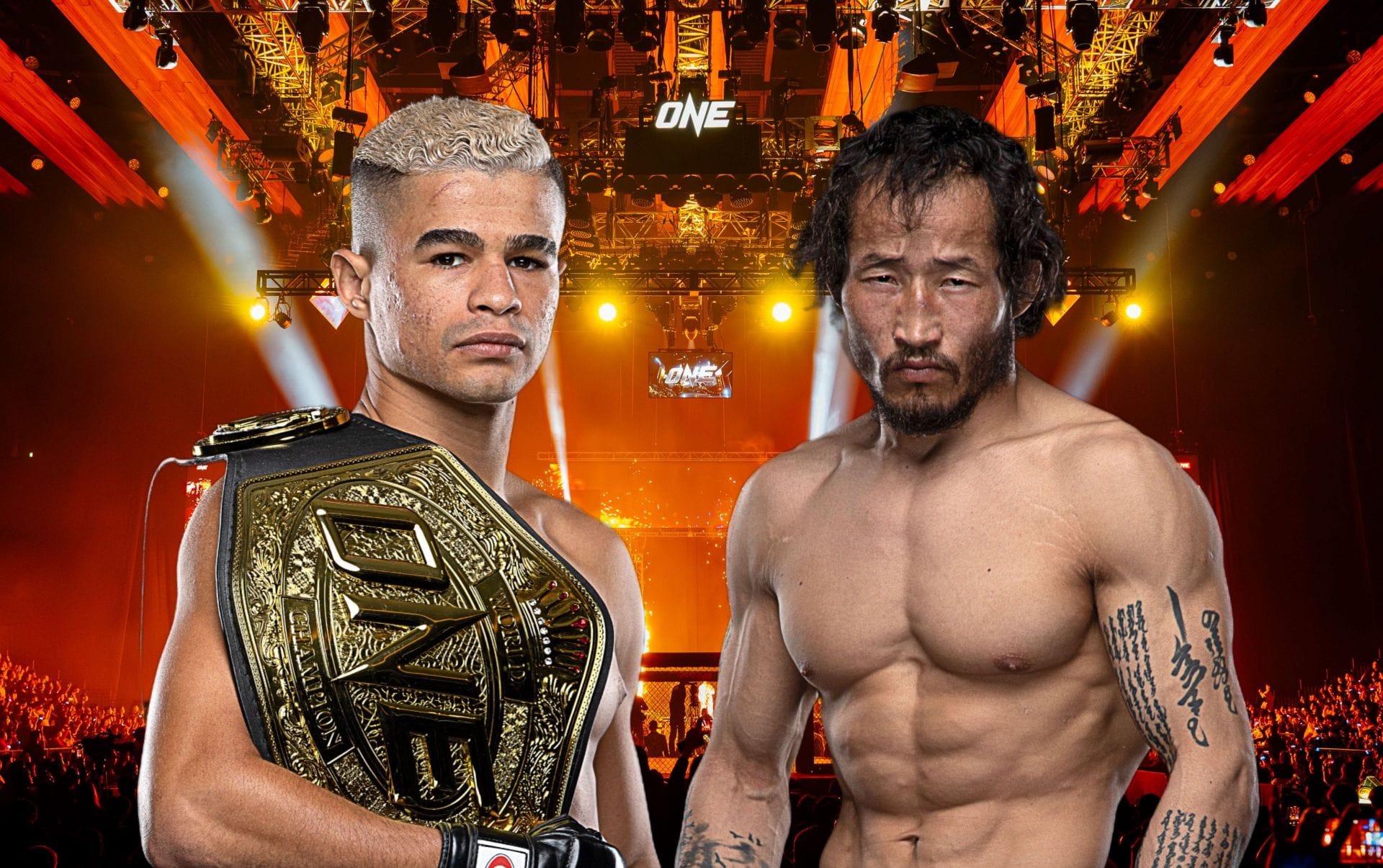 (From left) ONE bantamweight MMA world champion Fabricio Andrade puts his gold on the line against No.4-ranked contender Enkh-Orgil Baatarkhuu. [Images: ONE Championship]