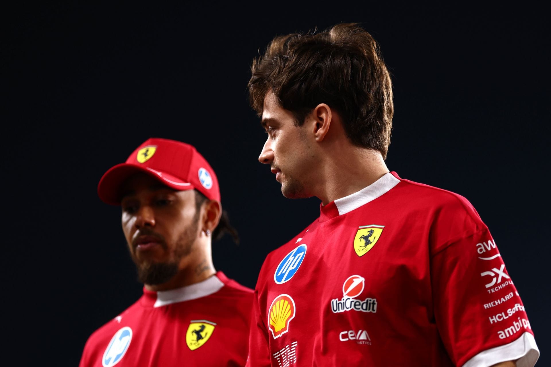 Charles Leclerc and Lewis Hamilton of Scuderia Ferrari. Source: Getty