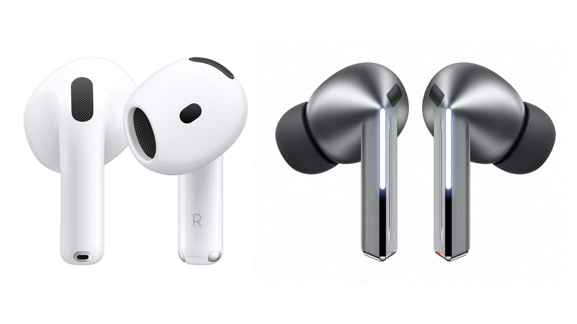 The design of Apple AirPods 4 vs Samsung Galaxy Buds3 Pro (Image via Apple | Samsung)
