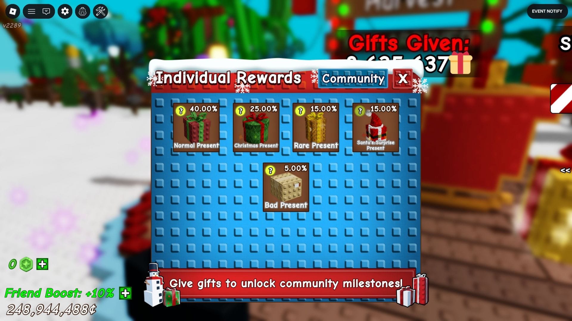 The Santa&#039;s Surprise Present can be obtained by farming the Christmas Harvest event (Image via Roblox)