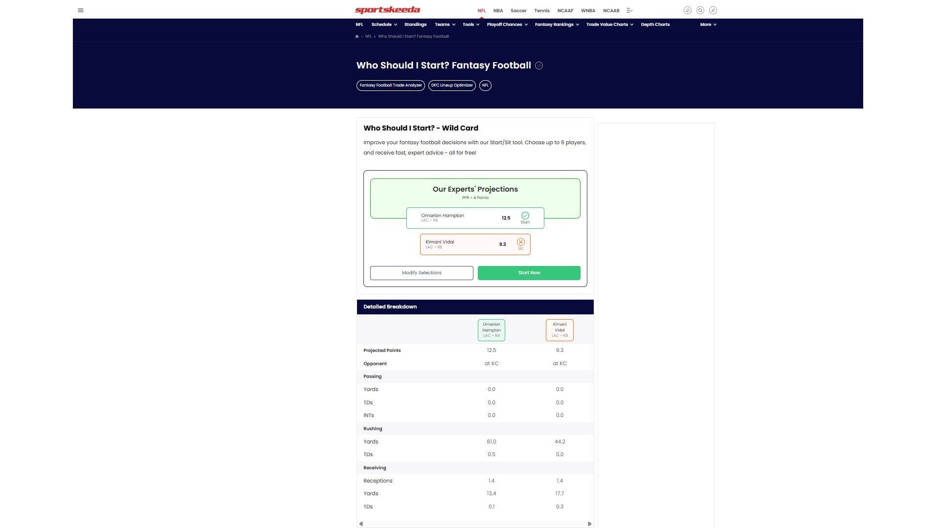 Hampton vs Vidal - Sportskeeda&#039;s Who Should I Start Tool