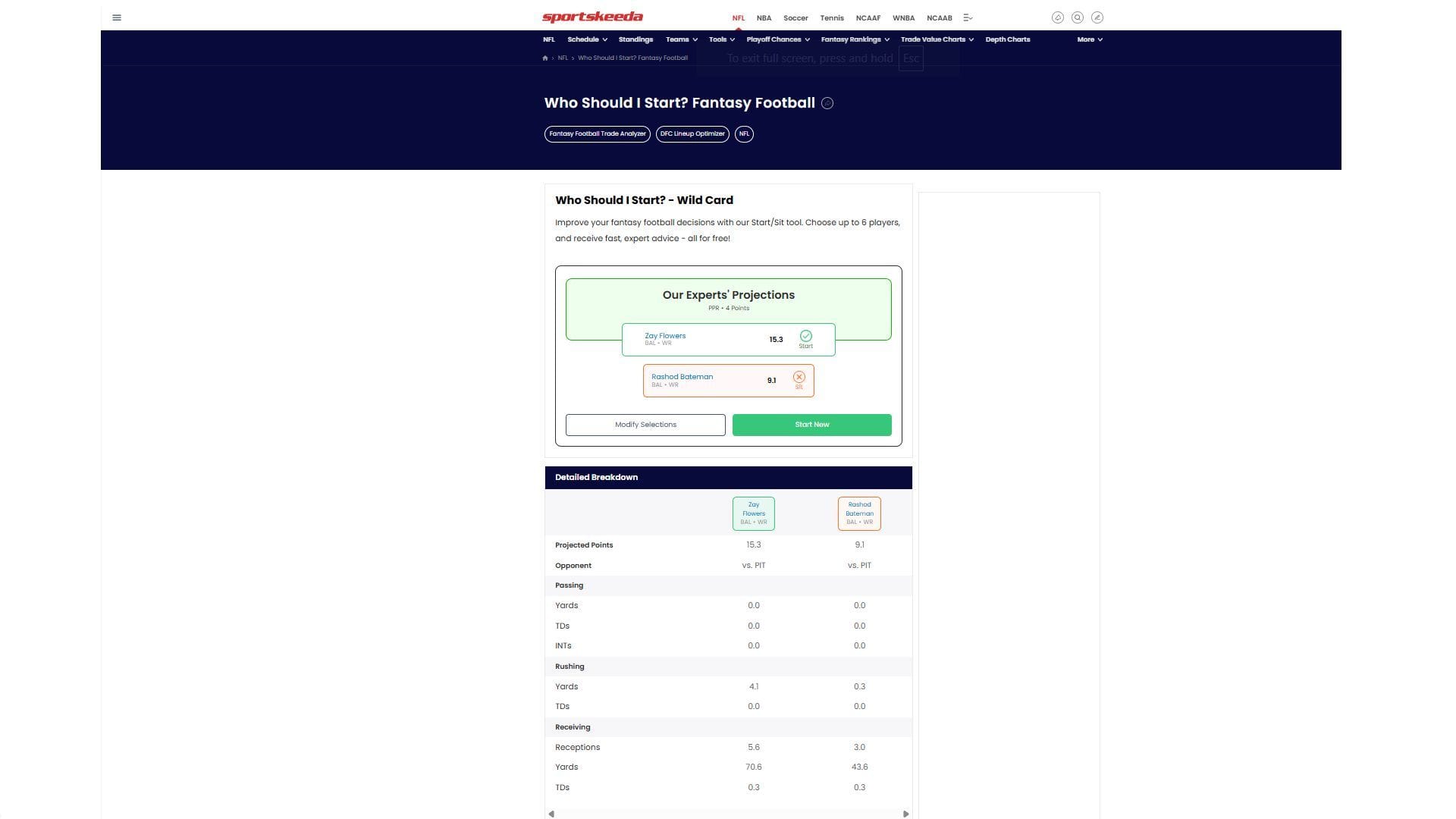 Flowers vs Bateman - Sportskeeda&#039;s Who Should I Start Tool