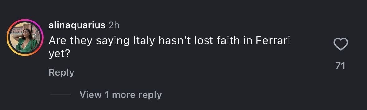 screen grab of comment under Sky Sports&#039; post [via Instagram/@skysportsf1]