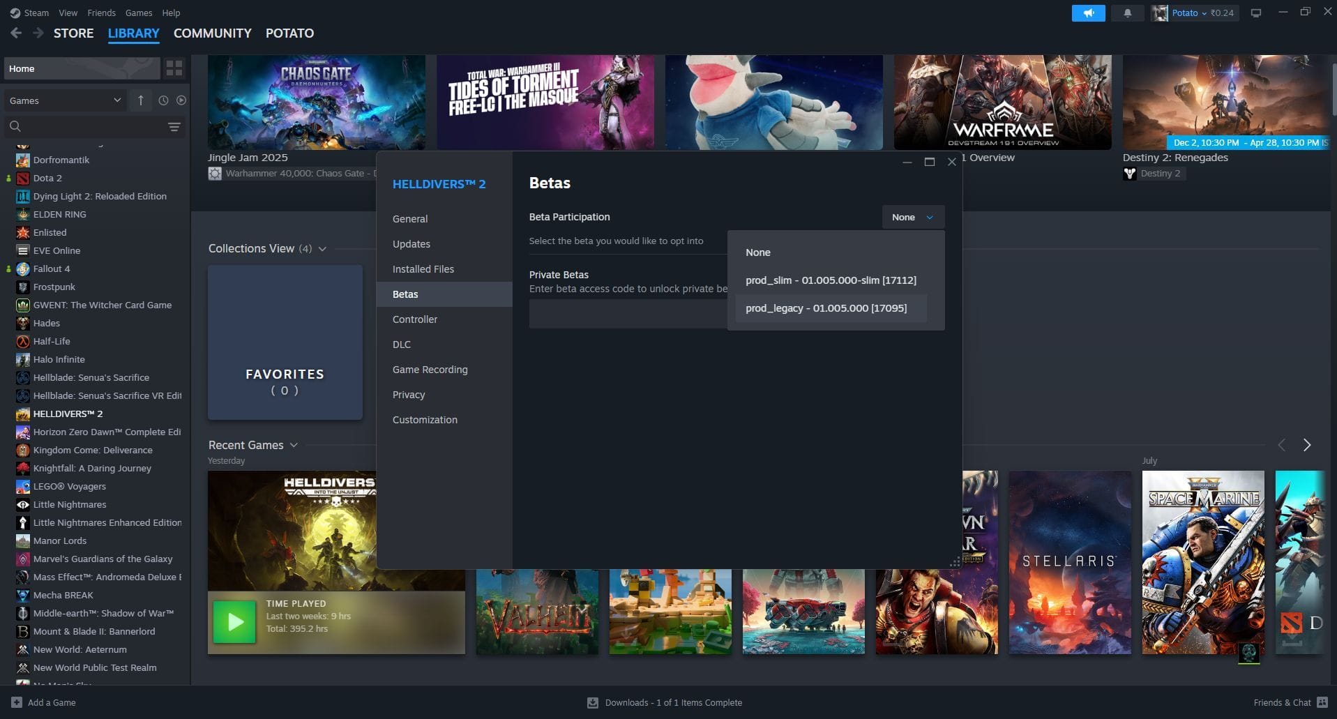Opt into “prod_legacy” version (Image via Steam)