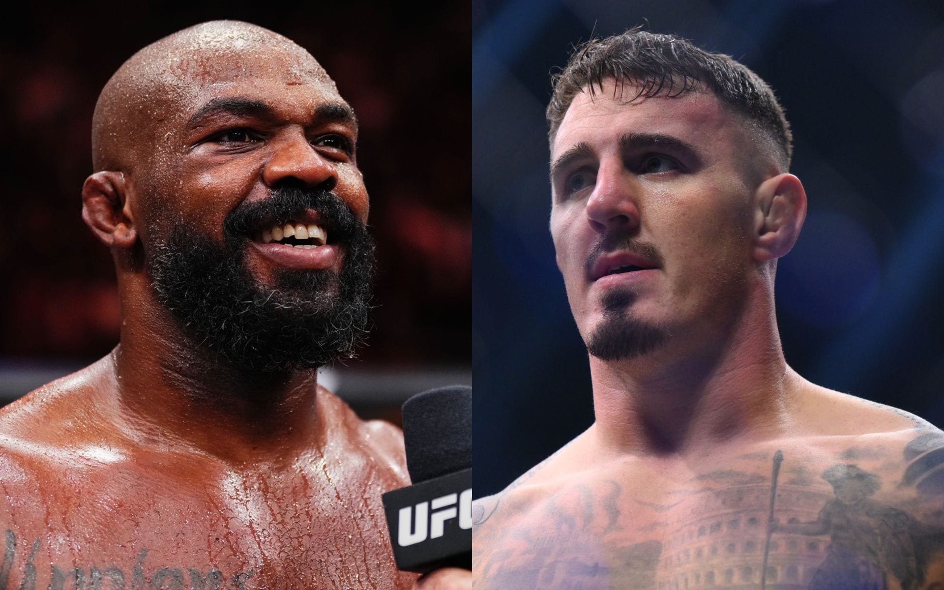 Tom Aspinall (right) addresses Jon Jones