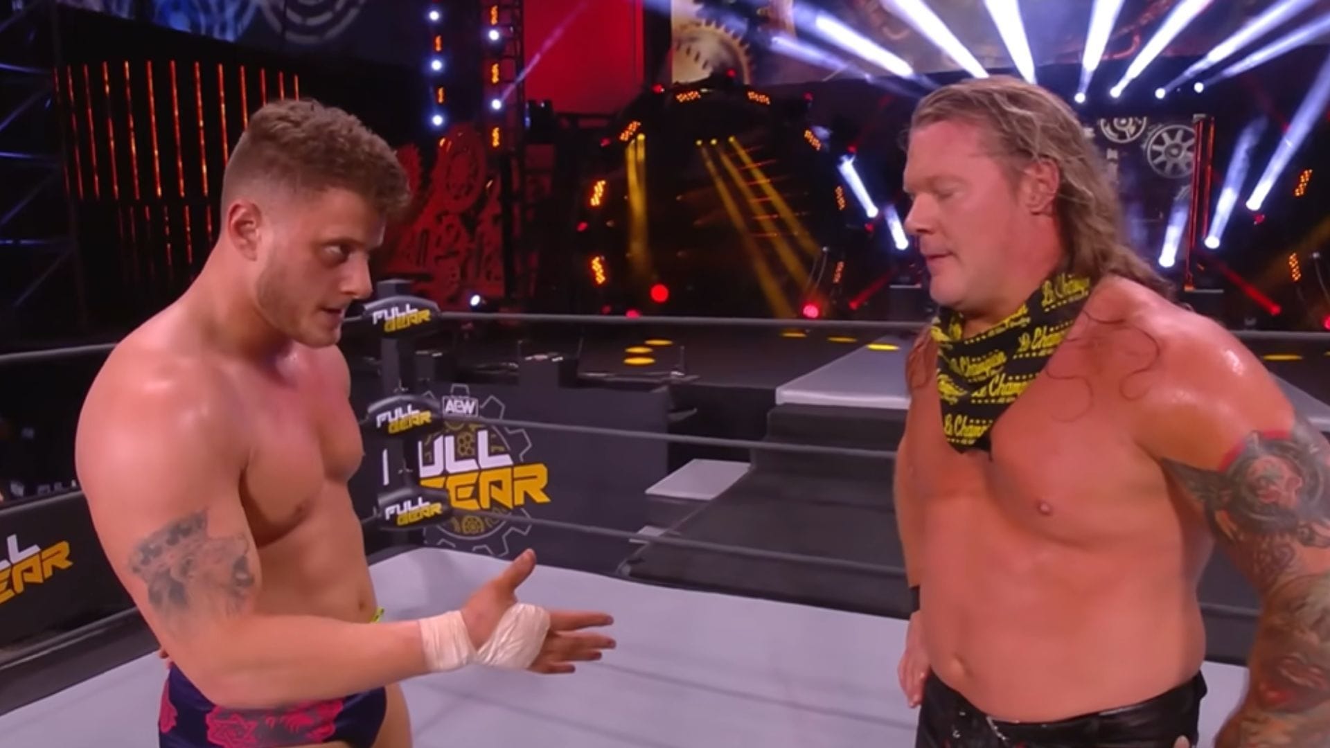 MJF and Chris Jericho after their Full Gear 2020 match [Image Credits: All Elite Wrestling on YouTube]