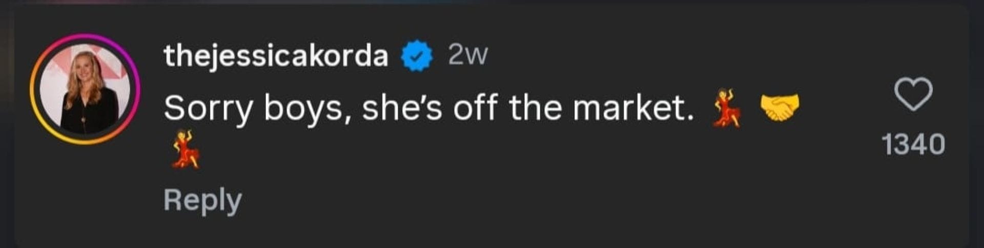 Screenshot of Jessica Korda&#039;s comment on Nelly Korda&#039;s engagement post on Instagram (via @nellykorda)