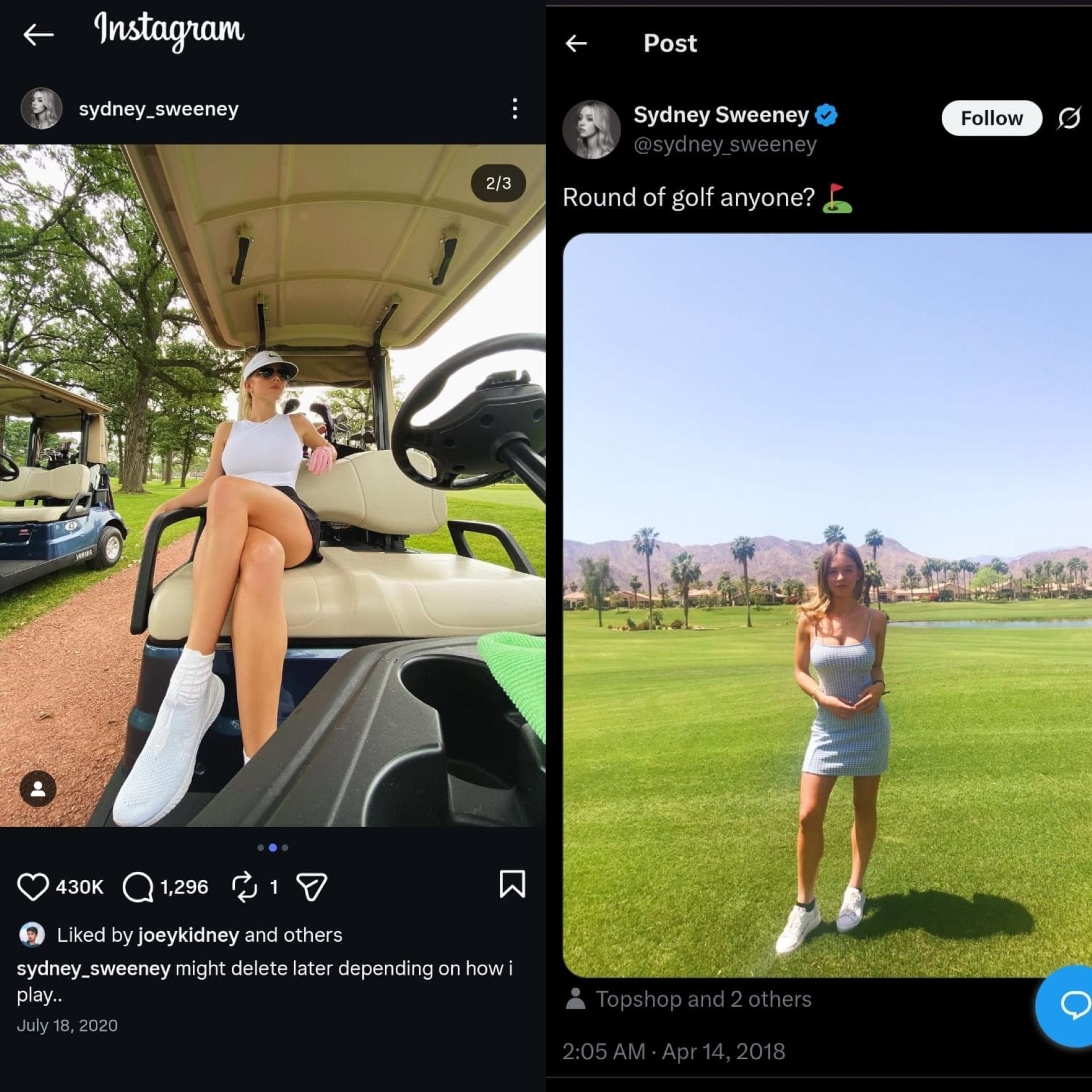 Screenshots of Sydney Sweeney&#039;s posts from the golf course on social media (Image Credit: Instagram; X)