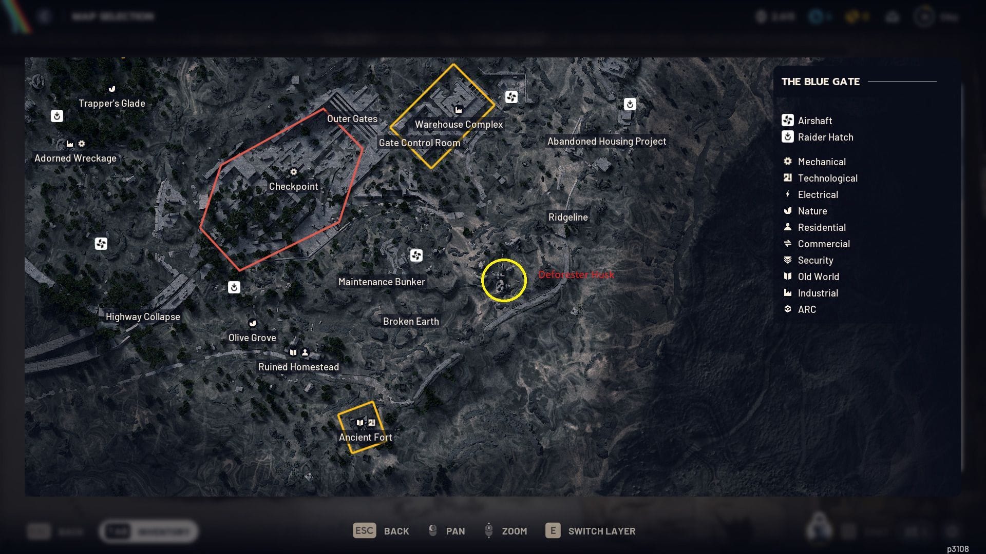 The location of the Deforester Husk puzzle is marked with a yellow circle (Image via Embark Studios)