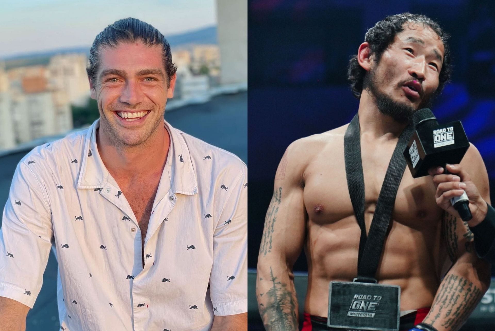 (From left) Dom Tomato and Enkh-Orgil Baatarkhuu. [Images: ONE Championship and Instagram @domtomato https://www.instagram.com/p/CXbMVJzpWxu/]