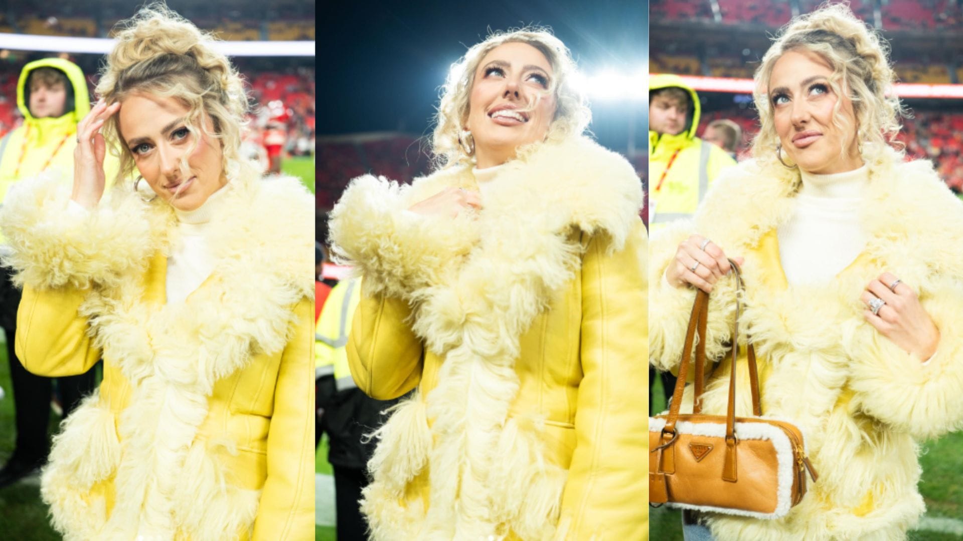 Mahomes in her yellow fur jacket for the Sunday primetime matchup.  (Credit: @brittanylynne)