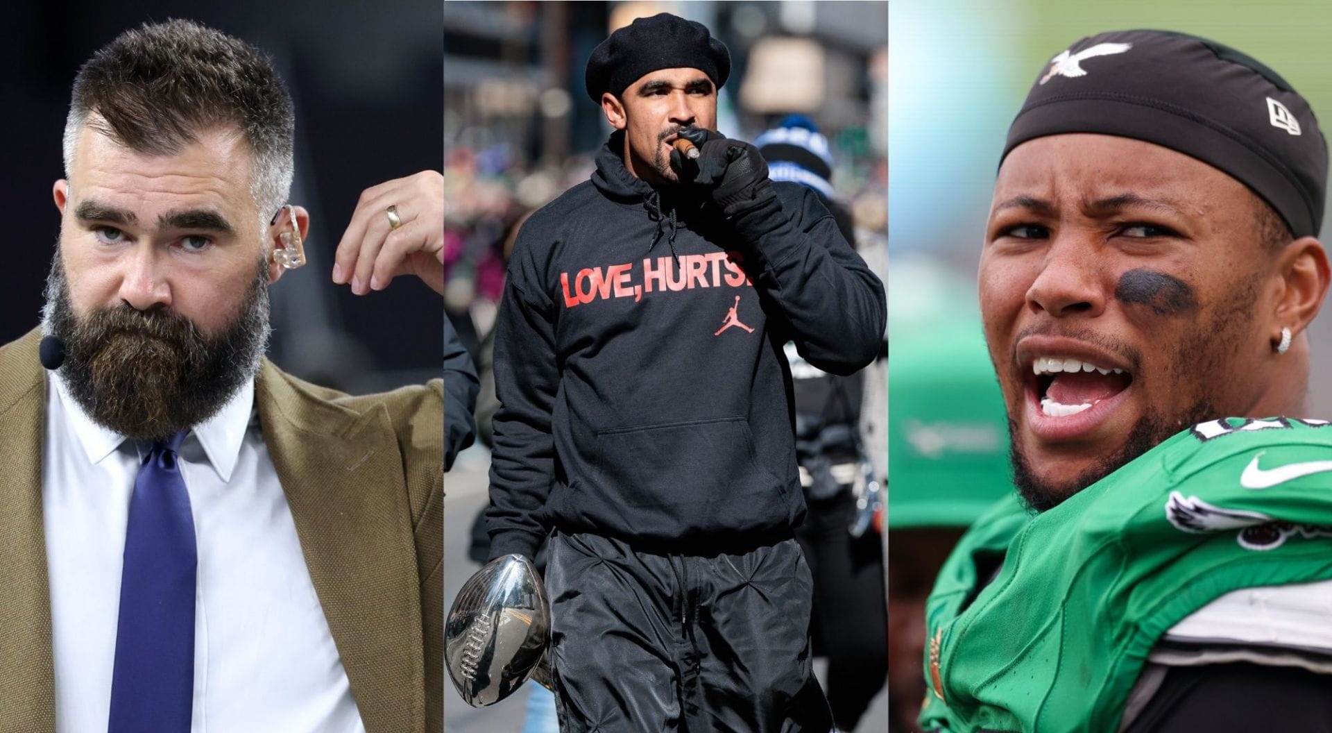 Jason Kelce, Jalen Hurts, Saquon Barkley