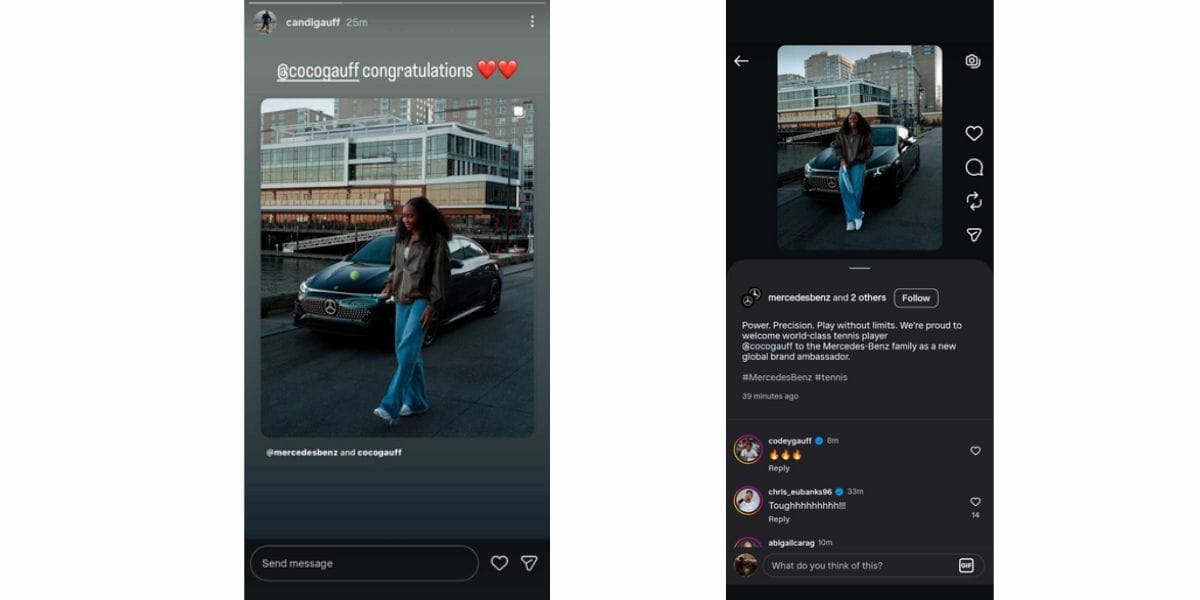 Screenshot of Candi Gauff&#039;s story and Codey Gauff&#039;s comment on Instagram. (Source: Instagram - @codeygauff, @candigauff)