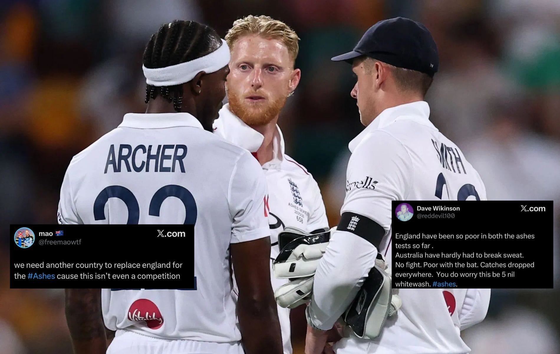 England faced wrath of fans following their eight-wicket defeat in second Ashes 2025-26 Test. (Pics: Getty Images/X/@reddevil100/@freemaowtf)