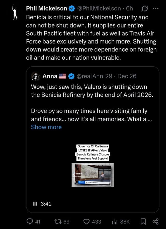 Screenshot of Phil Mickelson's post on X