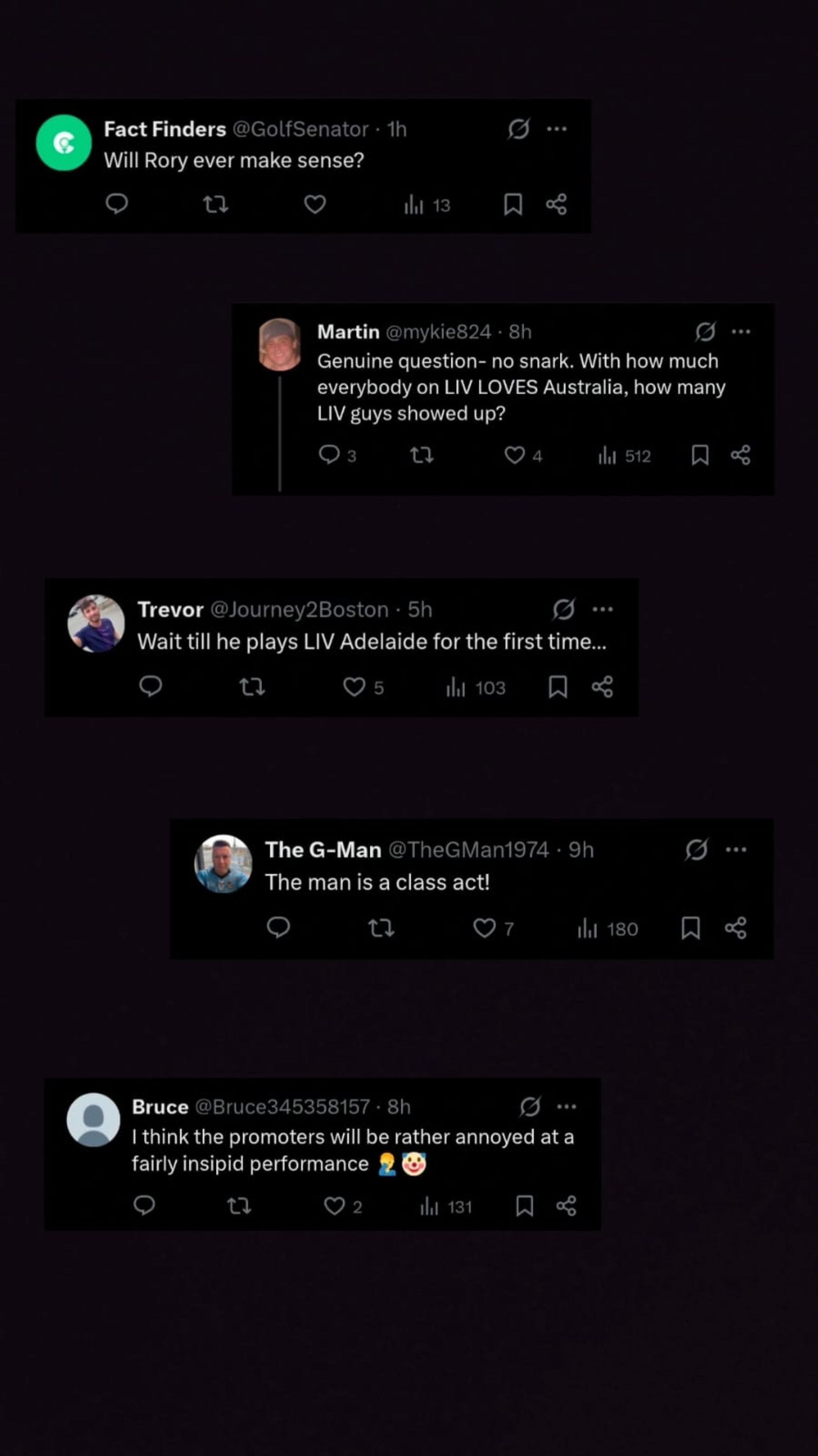 A screenshot of fan comments on Flushing It&#039;s post on X (via @flushingitgolf)