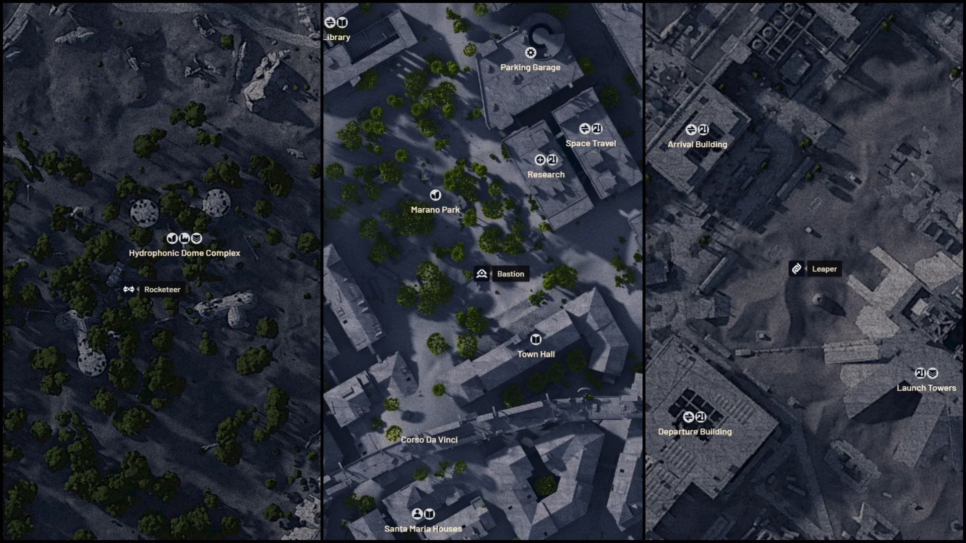 ARC miniboss locations in Dam Battlegrounds, Buried City, and Spaceport (Image via arcraidersmaps.app)