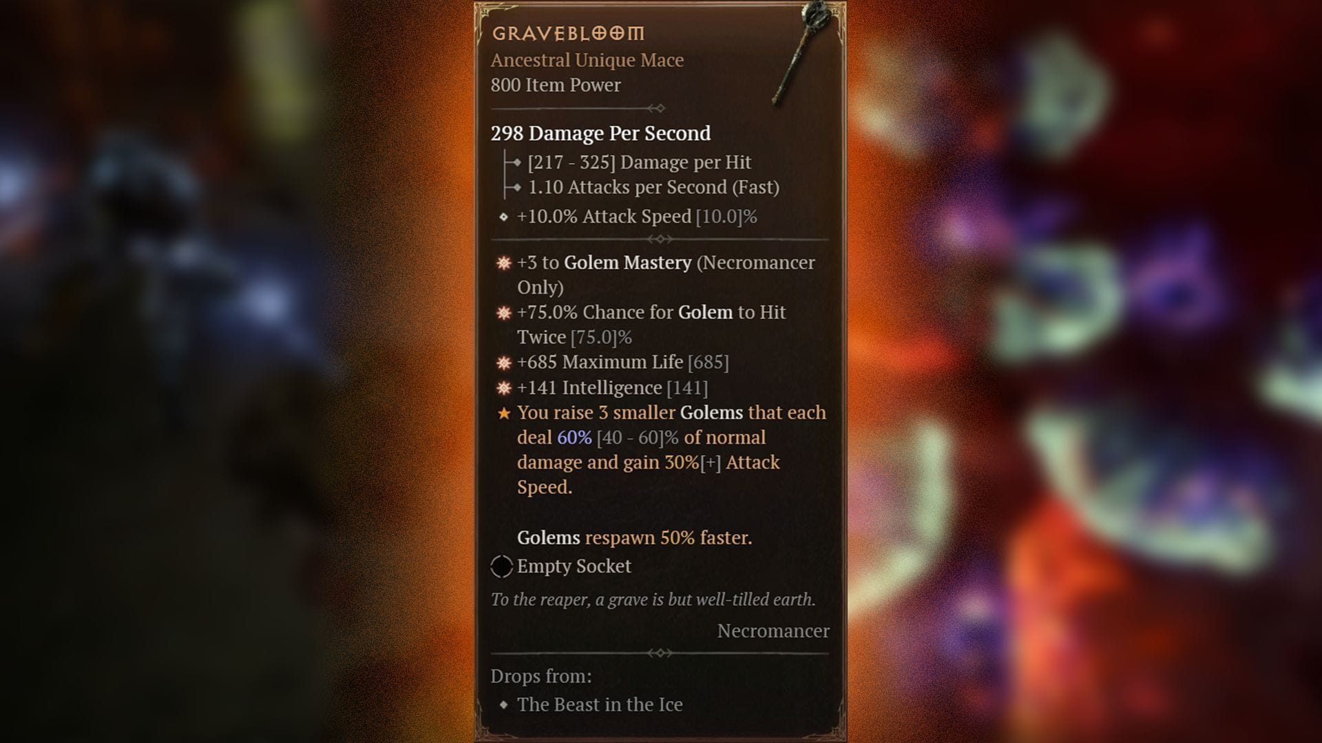 The Gravebloom unique mace directly influences the Golem's behavior in Diablo 4 (Image via Blizzard Entertainment)