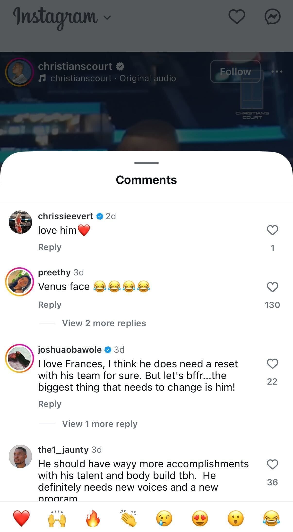 Chris Evert&#039;s comment on the Instagram post featuring Frances Tiafoe&#039;s take on revamping his team (Source: Instagram/christianscourt)