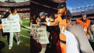 The Broncos wide receiver reacting to the sign his wife made. (Credit: @breacolleensutton)