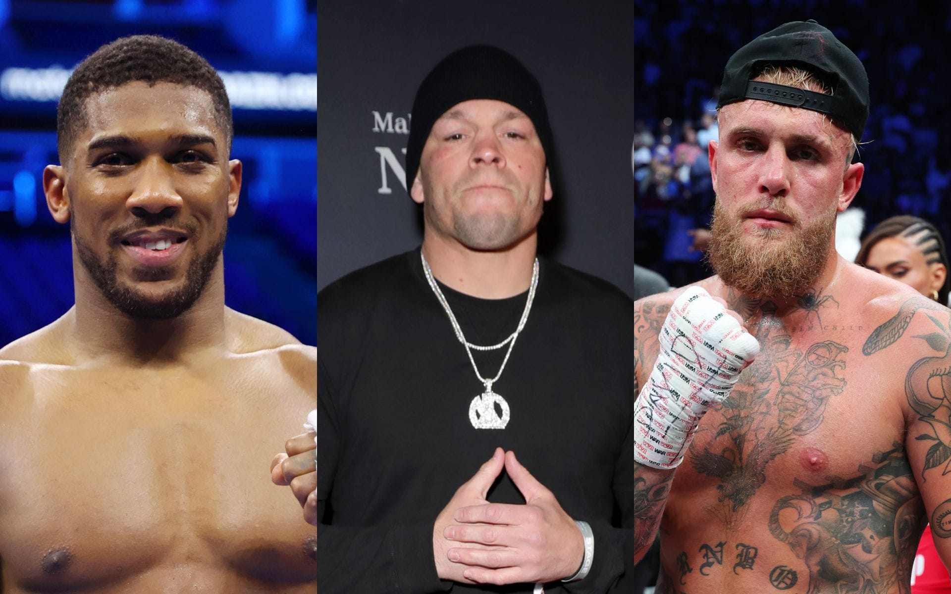 Nate Diaz (middle) previews Jake Paul (right) vs. Anthony Joshua (left). [Images courtesy: Getty Images]
