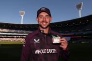Josh Tongue posing with the PoTM award after the 4th Ashes 2025-26 Test. Source: Getty