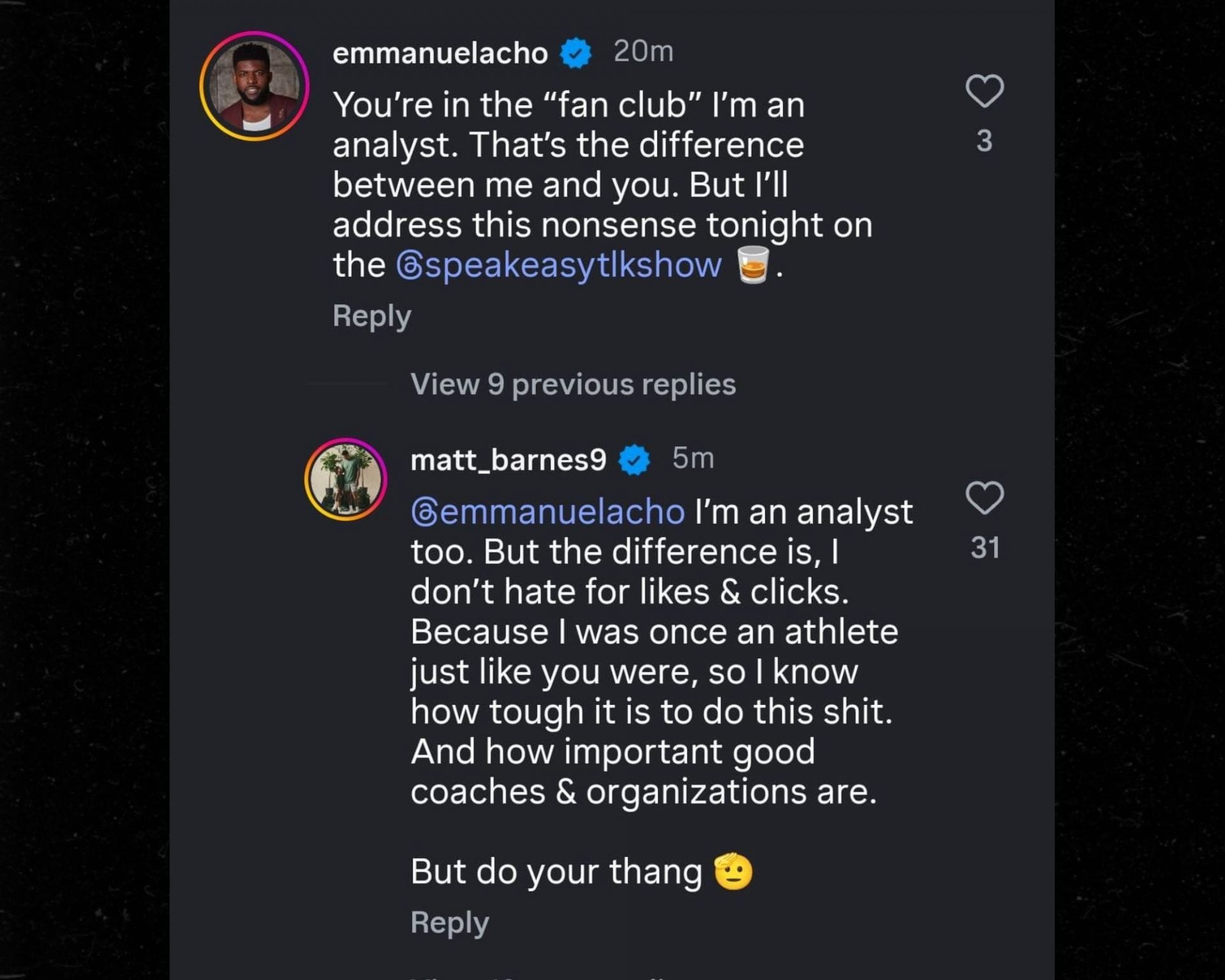 Emmanuel Acho and Matt Barnes&#039; comments on Instagram (Credits: IG/@allthesmoke)