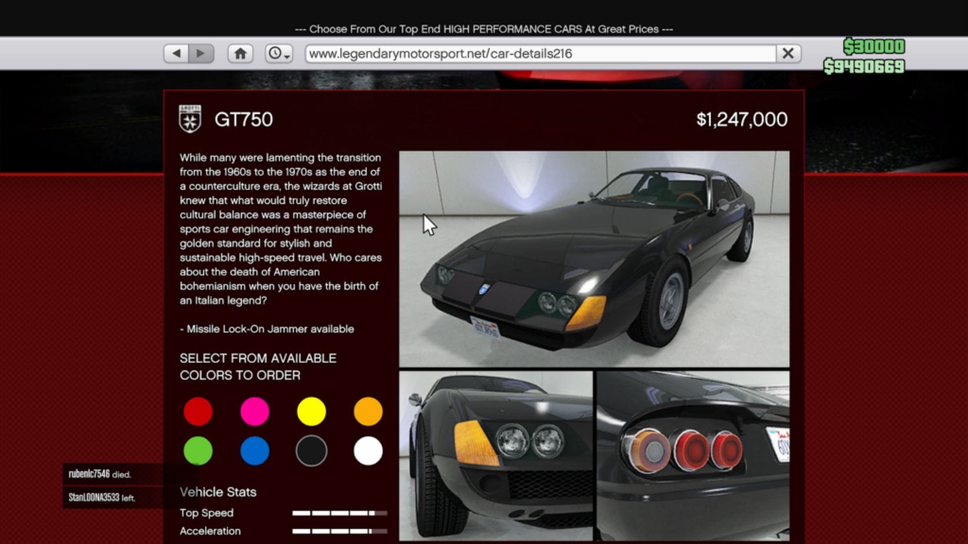 Giá và tùy chọn màu sắc của Grotti GT750 trên Legendary Motorsport (Hình ảnh qua Sportskeeda Gaming || Rockstar Games)