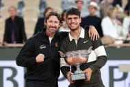 Carlos Alcaraz (right) celebrates his 2025 French Open title triumph with Juan Carlos Ferrero (left) (Source: Getty)