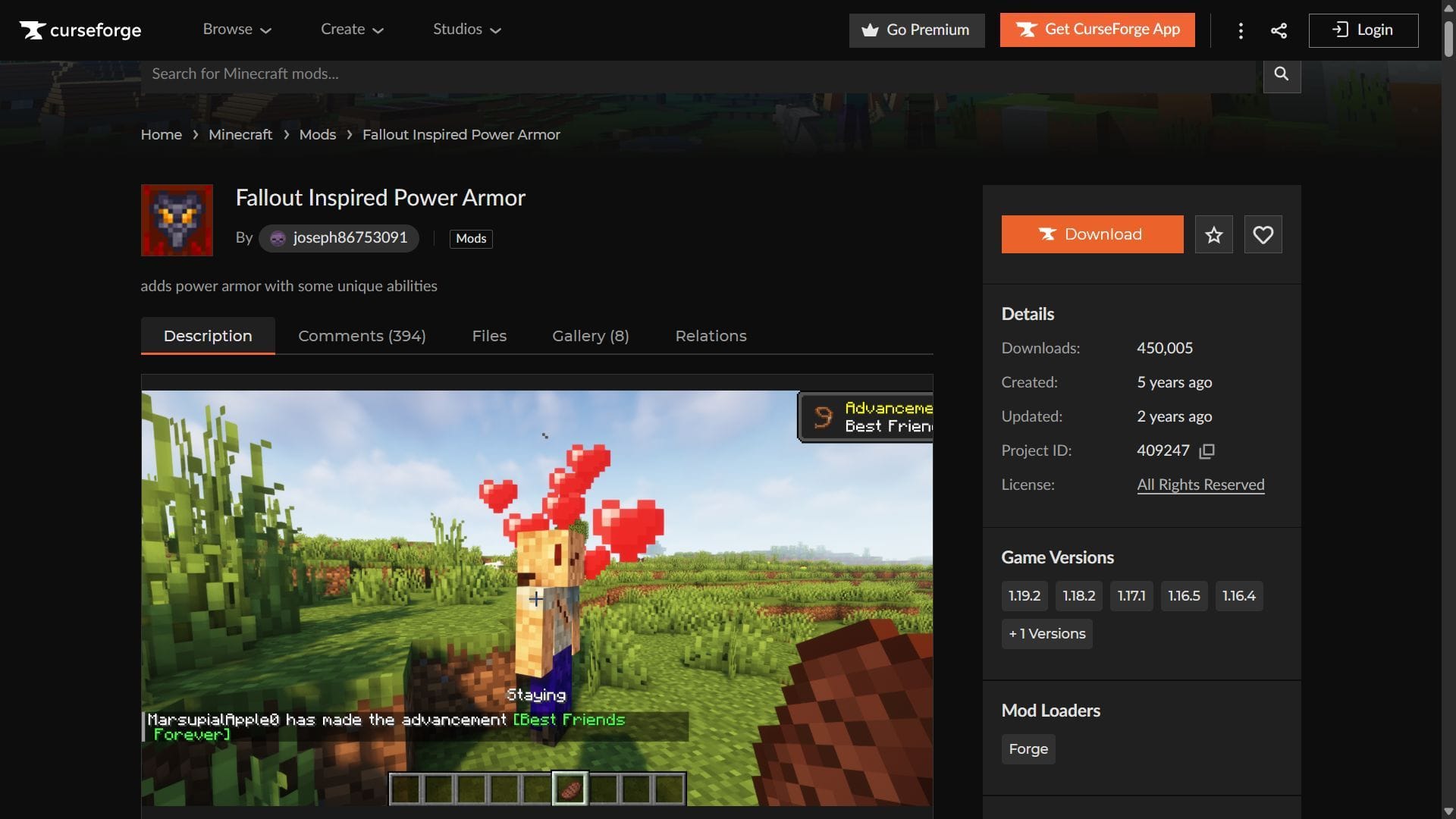 Fallout Inspired Power Armor mod can be easily downloaded from the CurseForge website (Image via CurseForge/joseph86753091)