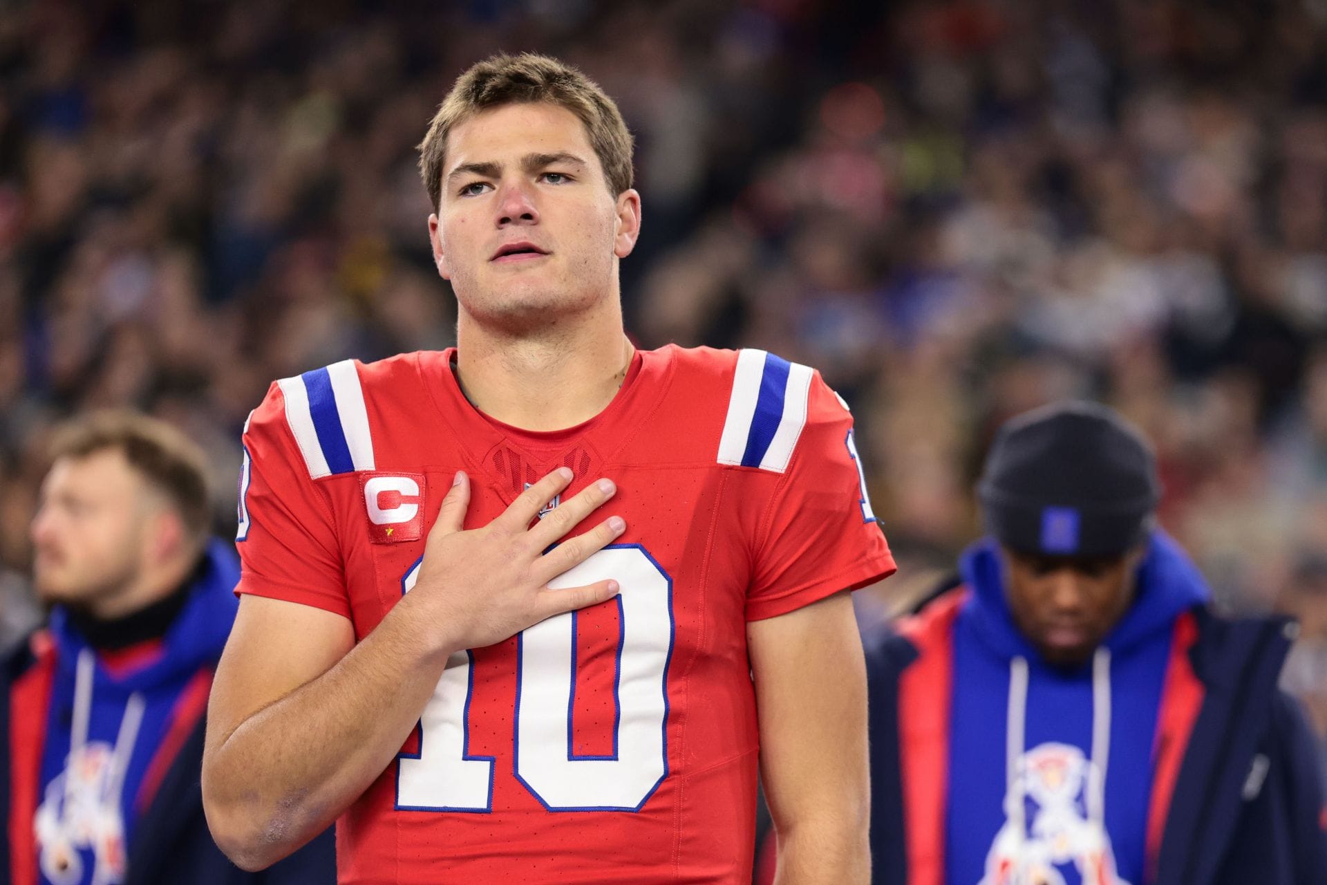 Rozohrávač Drake Maye z New England Patriots – Zdroj: Getty