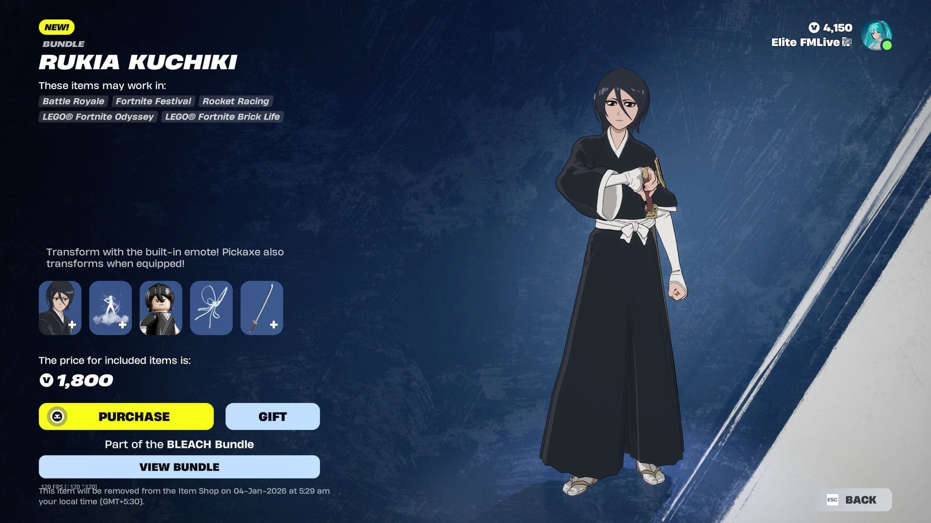 The Bleach Rukia Kuchiki skin in Fortnite will remain listed until January 4, 2026 (Image via Sportskeeda Gaming || Epic Games)