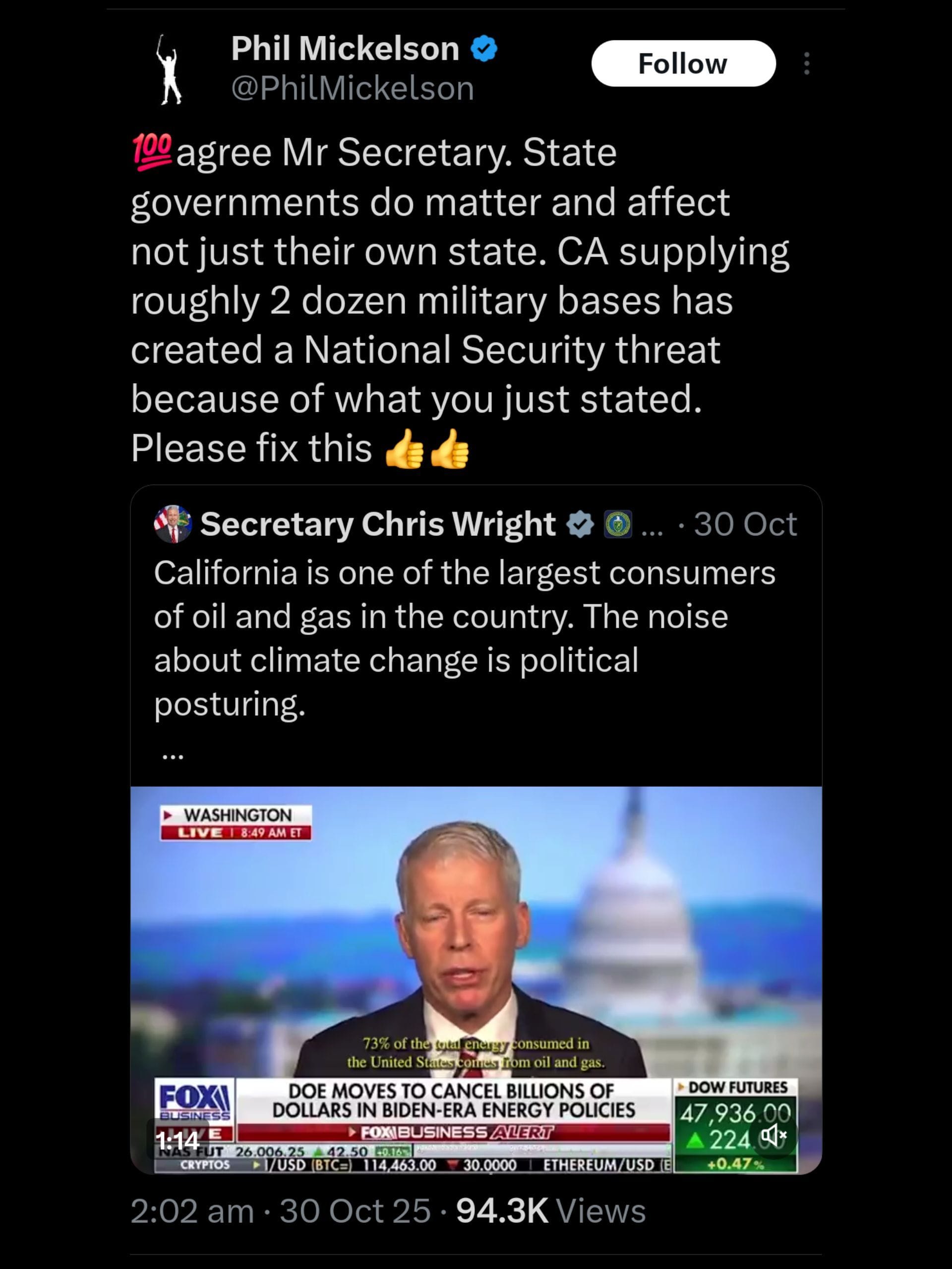 Mickelson&#039;s repost and tweet on Wright&#039;s statement on California / X: @PhilMickelson