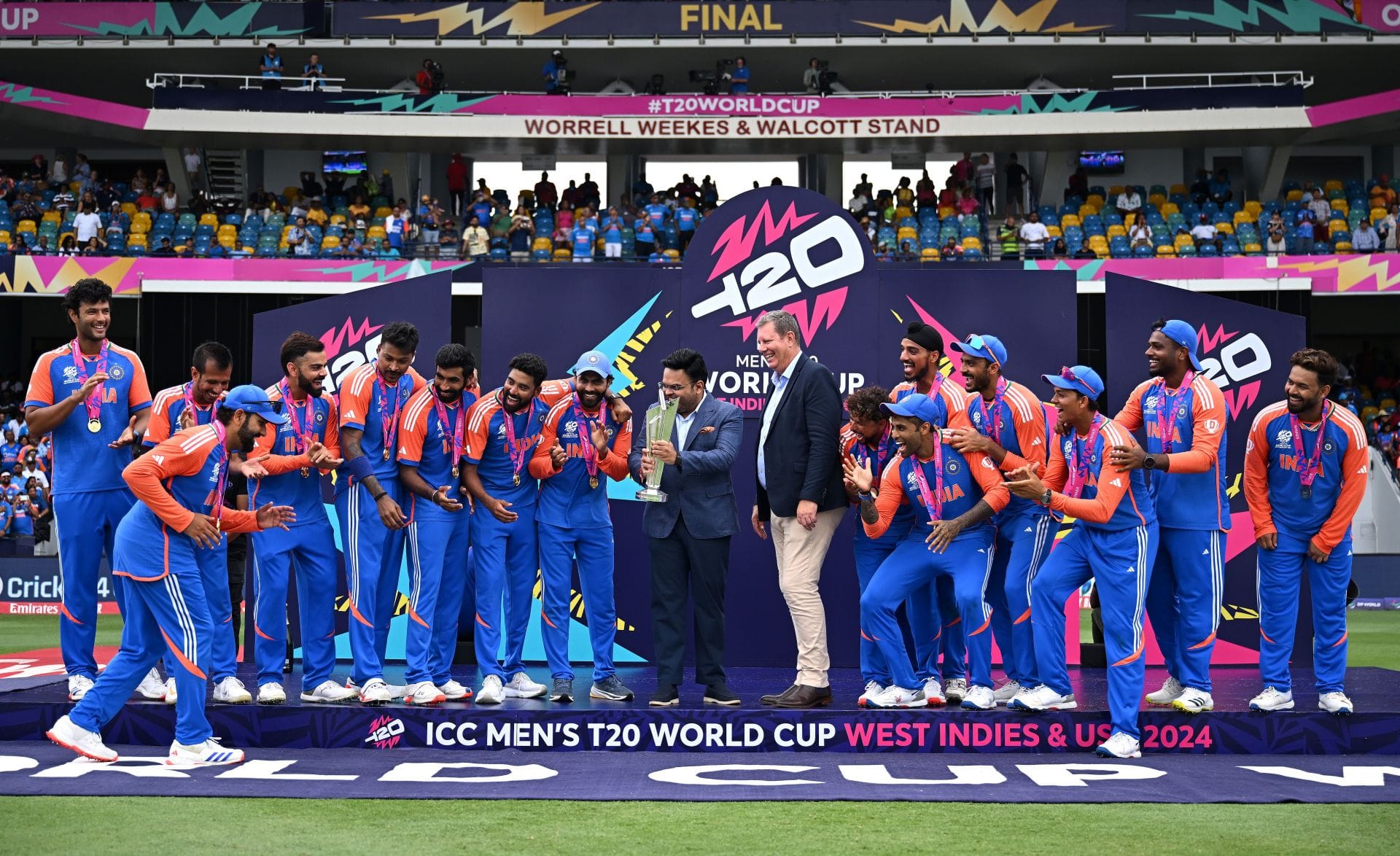Rohit Sharma et compagnie. célébrer leur victoire en Coupe du monde T20 en 2024. (Crédits : Getty)