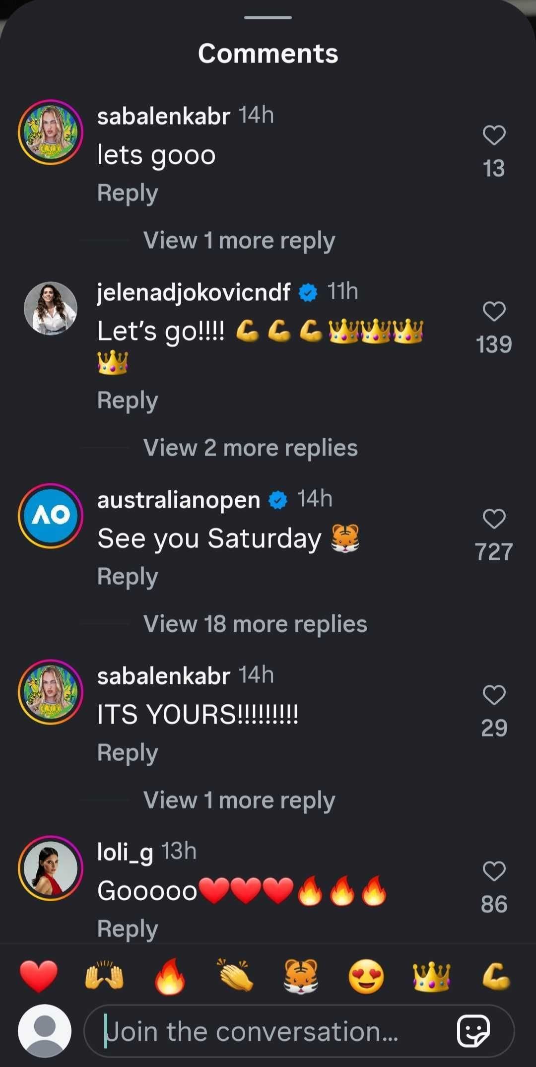 Jelena Djokovic comments on Sabalenka's Instagram post after the Belarusian's women's singles semi-final victory at the 2026 Australian Open (Source: Instagram/arynasabalenka)
