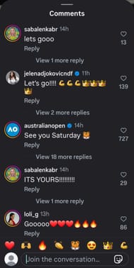 Jelena Djokovic comments on Sabalenka's Instagram post after the Belarusian's women's singles semi-final victory at the 2026 Australian Open (Source: Instagram/arynasabalenka)