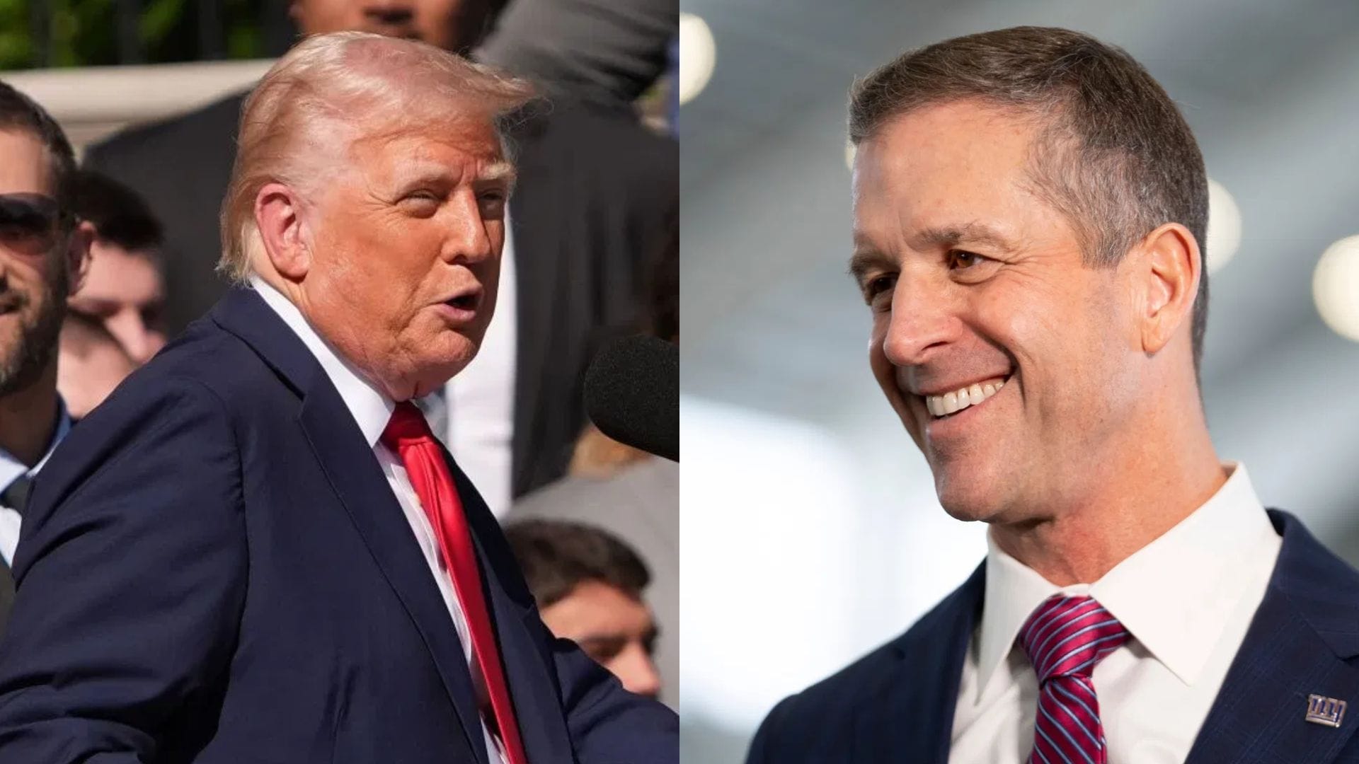 Donald Trump reacts to John Harbaugh joining New York Giants - via Getty and Imagn/CMS