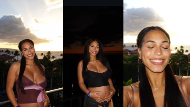 Stone posed for photos while cradling her baby bump on the beach.   (Credit: @ronikastone) 